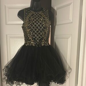 Gold and Black Halter Fit and Flare Dress.